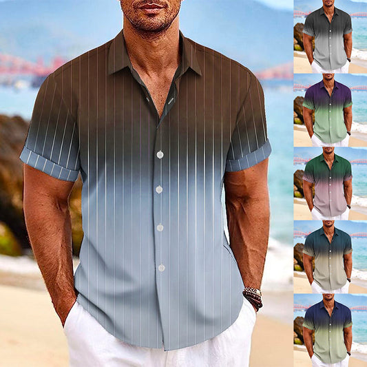 Lapel Button Short-sleeved Shirt Summer Fashion Gradient Striped Print Beach Shirt Leisure Tops Men's Clothing