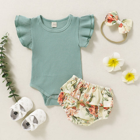 Summer Infant Romper Floral Short Shorts Three-piece Headdress