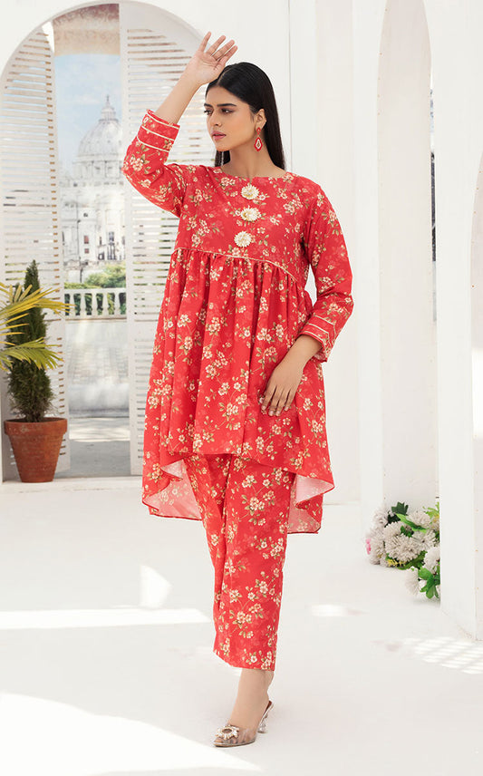 Red Cotton Floral Printed Kurta with Pant Suits