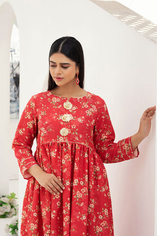 Red Cotton Floral Printed Kurta with Pant Suits