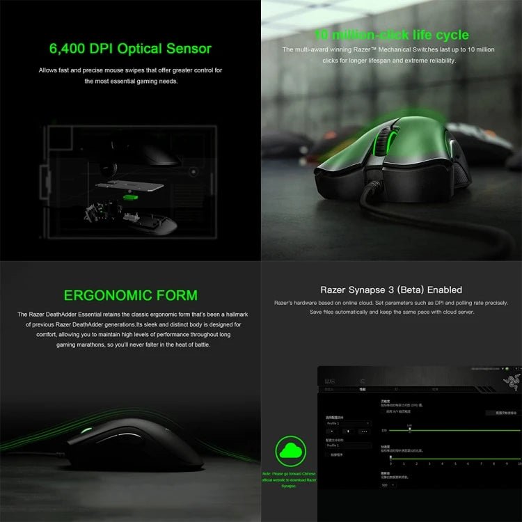 100% Original Razer DeathAdder Ergonomic Design 6400 DPI Optical 5-keys Programmable Razer Wired Mouse - All In One