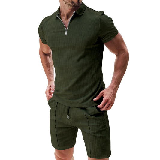 Short-Sleeved T-Shirt 2pcs Set Casual Waffle Suit Summer for Men's Clothing