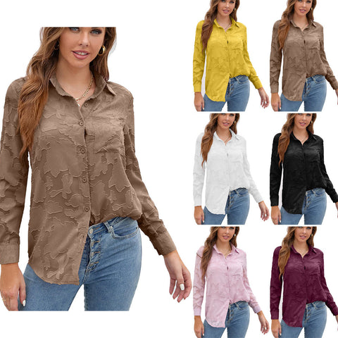 Romantic Fabric Lace Hollow-out Solid Color Long-sleeved Shirt