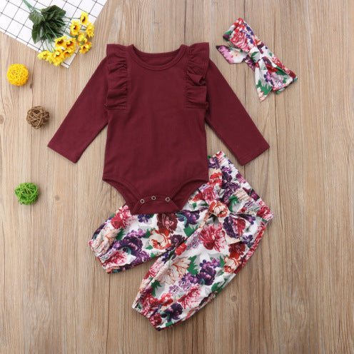 Zinnia Set 3PCS Newborn Baby Girls 2021 Red Tops Solid Romper Floral Pants Headband Outfits Autumn Set Clothes