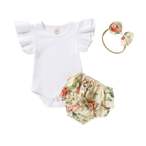 Summer Infant Romper Floral Short Shorts Three-piece Headdress