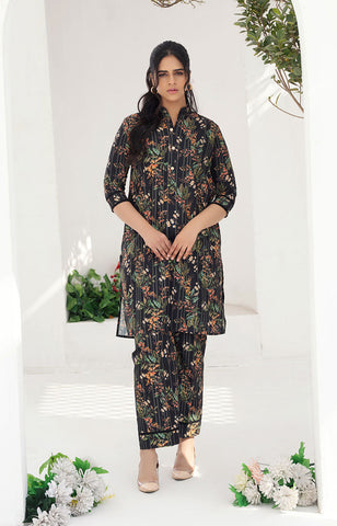 Digital Printed Pant Suits Black Leaf