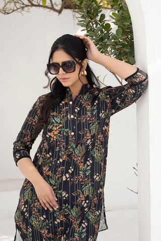 Digital Printed Pant Suits Black Leaf