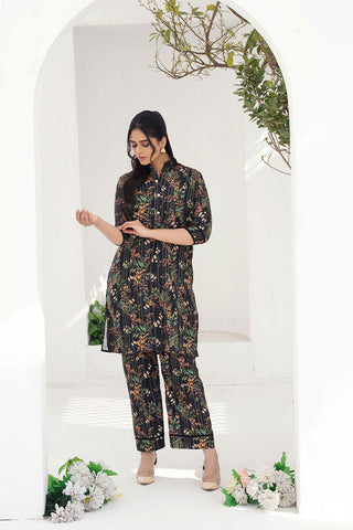 Digital Printed Pant Suits Black Leaf