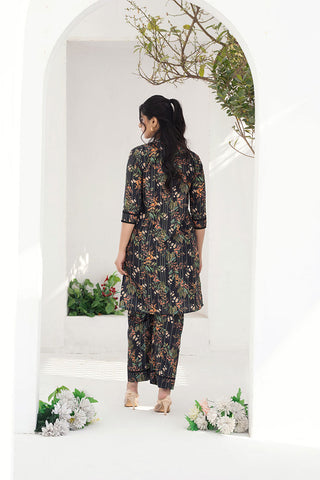 Digital Printed Pant Suits Black Leaf