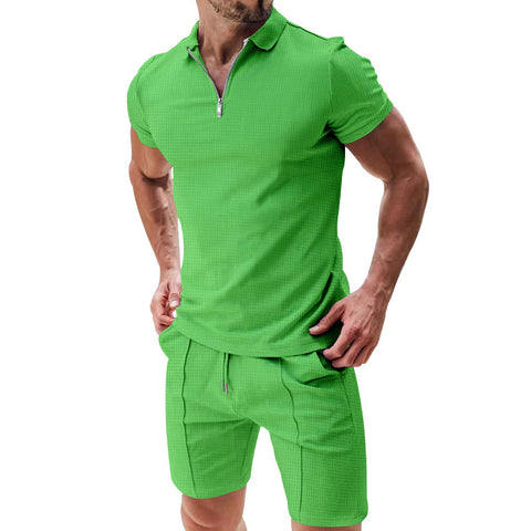 Short-Sleeved T-Shirt 2pcs Set Casual Waffle Suit Summer for Men's Clothing