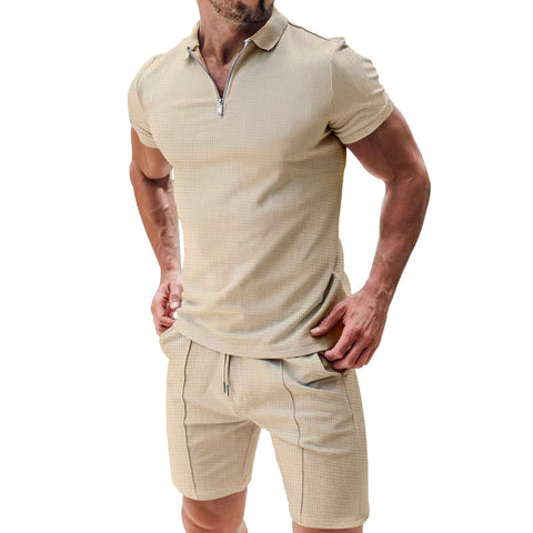 Short-Sleeved T-Shirt 2pcs Set Casual Waffle Suit Summer for Men's Clothing