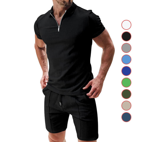 Short-Sleeved T-Shirt 2pcs Set Casual Waffle Suit Summer for Men's Clothing