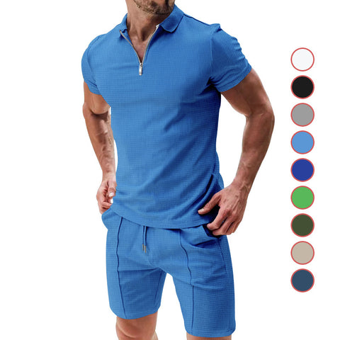 Short-Sleeved T-Shirt 2pcs Set Casual Waffle Suit Summer for Men's Clothing