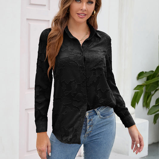 Romantic Fabric Lace Hollow-out Solid Color Long-sleeved Shirt