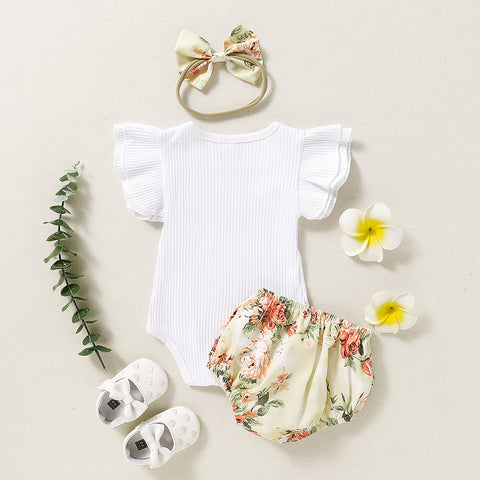 Summer Infant Romper Floral Short Shorts Three-piece Headdress