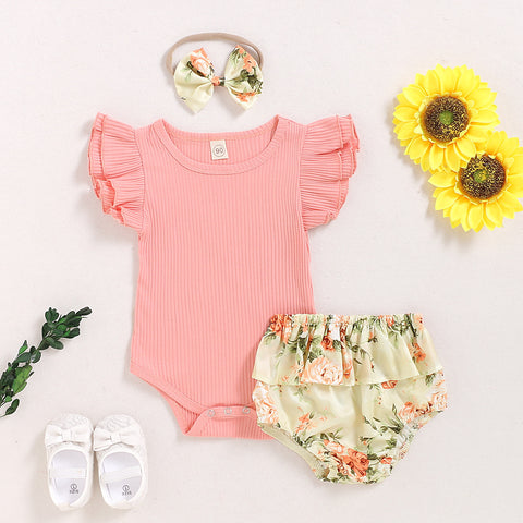 Summer Infant Romper Floral Short Shorts Three-piece Headdress