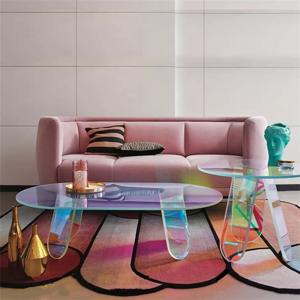 Acrylic Rainbow Color Coffee Table, Iridescent Glass End Table Round Side Table Modern Accent TV Table For Living Bed Room Decoration - All In Onehome decor