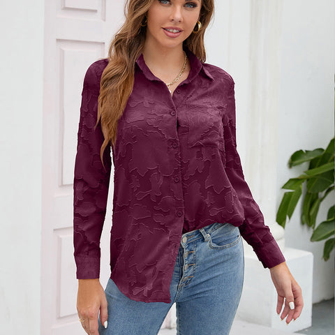 Romantic Fabric Lace Hollow-out Solid Color Long-sleeved Shirt