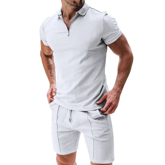 Short-Sleeved T-Shirt 2pcs Set Casual Waffle Suit Summer for Men's Clothing