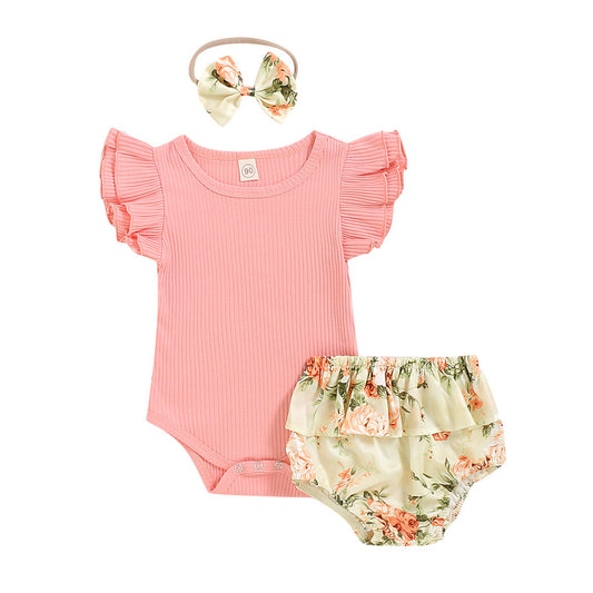Summer Infant Romper Floral Short Shorts Three-piece Headdress