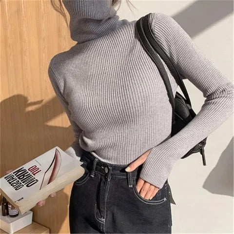 Women heaps collar Turtleneck Sweaters Autumn Winter Slim Pullover Women Basic Tops Casual Soft Knit Sweater Soft Warm Jumper